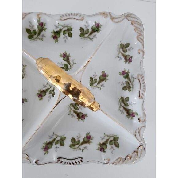 Norcrest Vintage Nut Candy Dish Rose Buds Gold Accents Handle 4 Sections - Picture 6 of 12